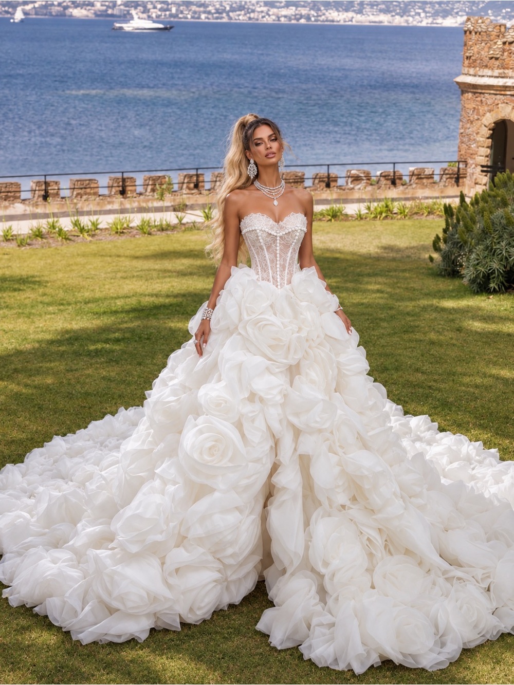 Elegant White Floral Ball Gown Wedding Dress